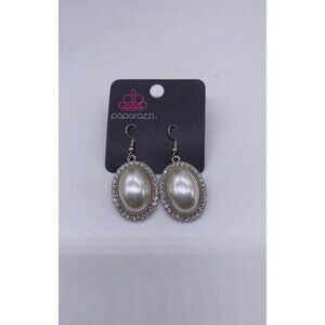 Paparazzi Jewelry Celebrity Crush White Oval Earrings Rhinestone Encrusted Dangl